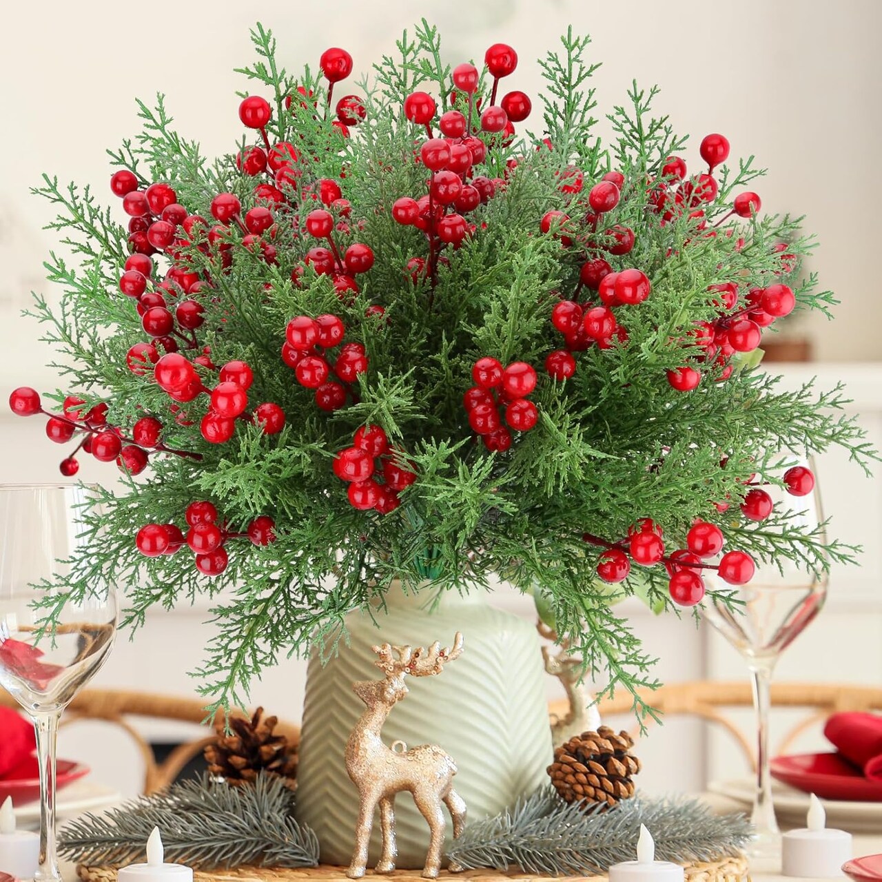 4 Bundles Artificial Christmas Flowers with Red Berry Stems (Green, Red) 7"D x 9.84"W x 15"H